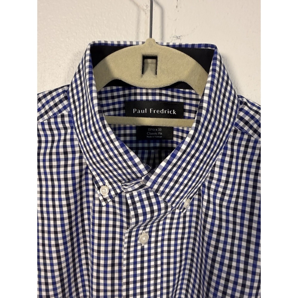 Paul Frederick Button Down Shirt L/S Blue  Plaid‎ Classic Fit 15 1/2x33 PF03